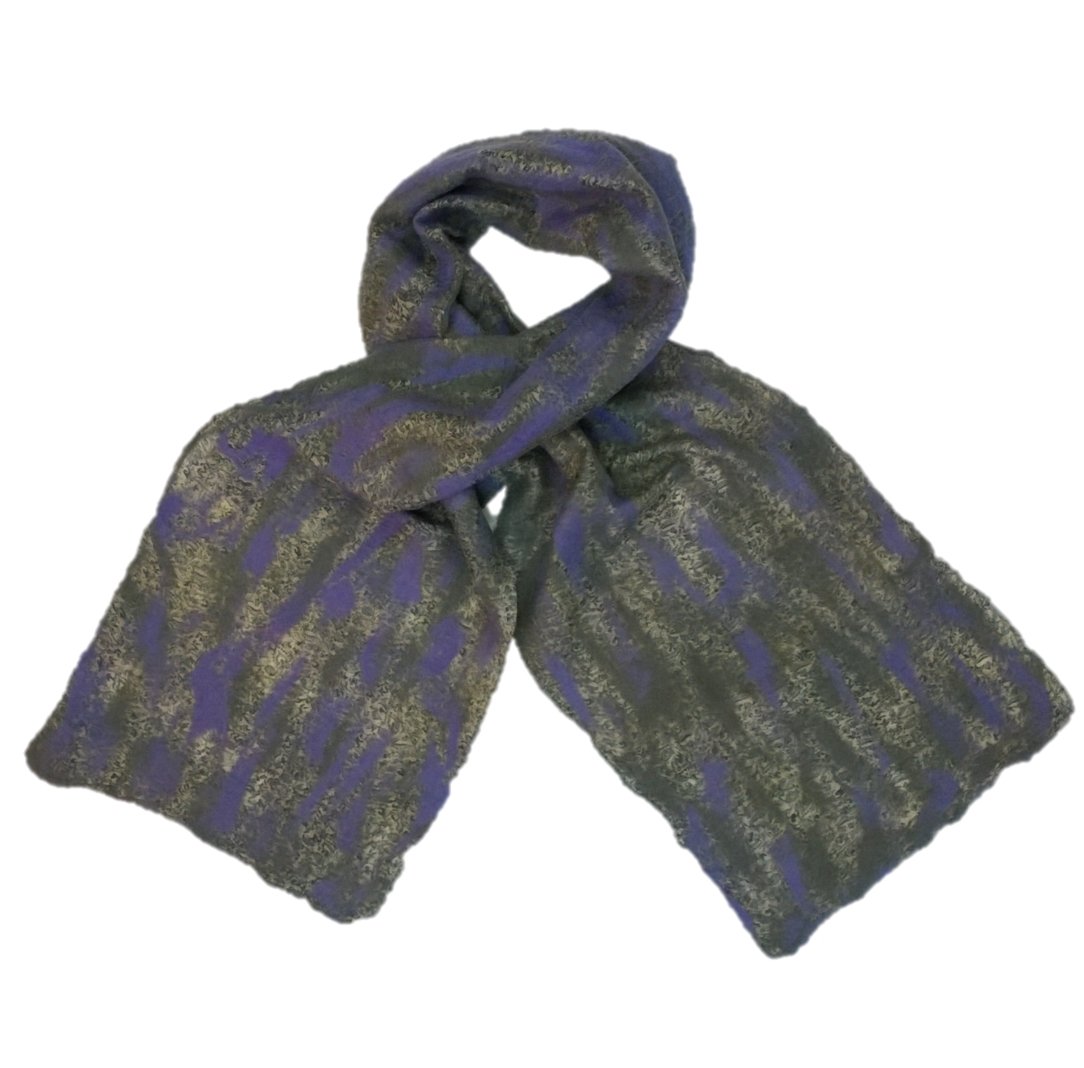 Hand Crafted Pure Silk and Merino Wool Felted Scarf in Violet and Grey Shades