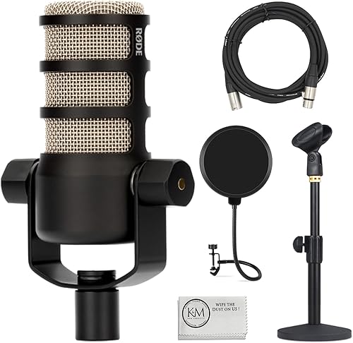 Rode PodMic Micrófono dinámico de podcasting  Paquete negro con filtro pop + soporte de micrófono de escritorio + cable XLR + paño de limpieza (5