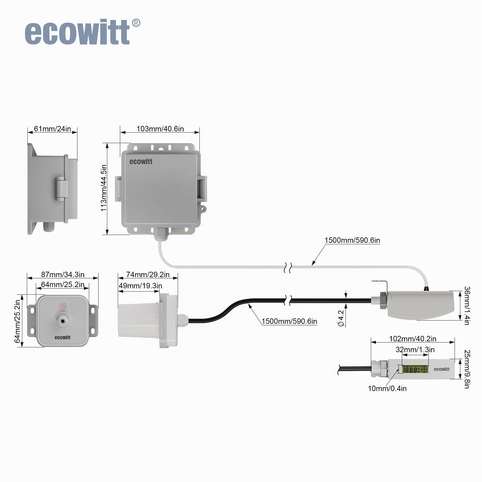 ECOWITT Distancemètre Laser LDS01,Appareil de Mesure Laser 4-3.5M avec câble 1.5M, Outil de Mesure Laser pour l'extérieur pour Le Niveau de l'eau/la Neige avec écran LCD, étanche IP65