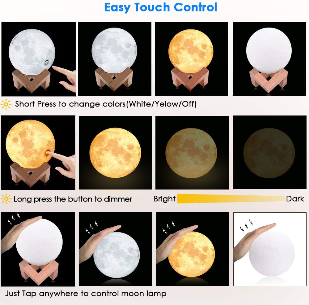 MAGIFIRE Night Light Lighting LED 3D Printing Warm Moon Lamp Touch Control Brightness Gift for Kids and Halloween Equipment (2 Colors, 3.9inch)