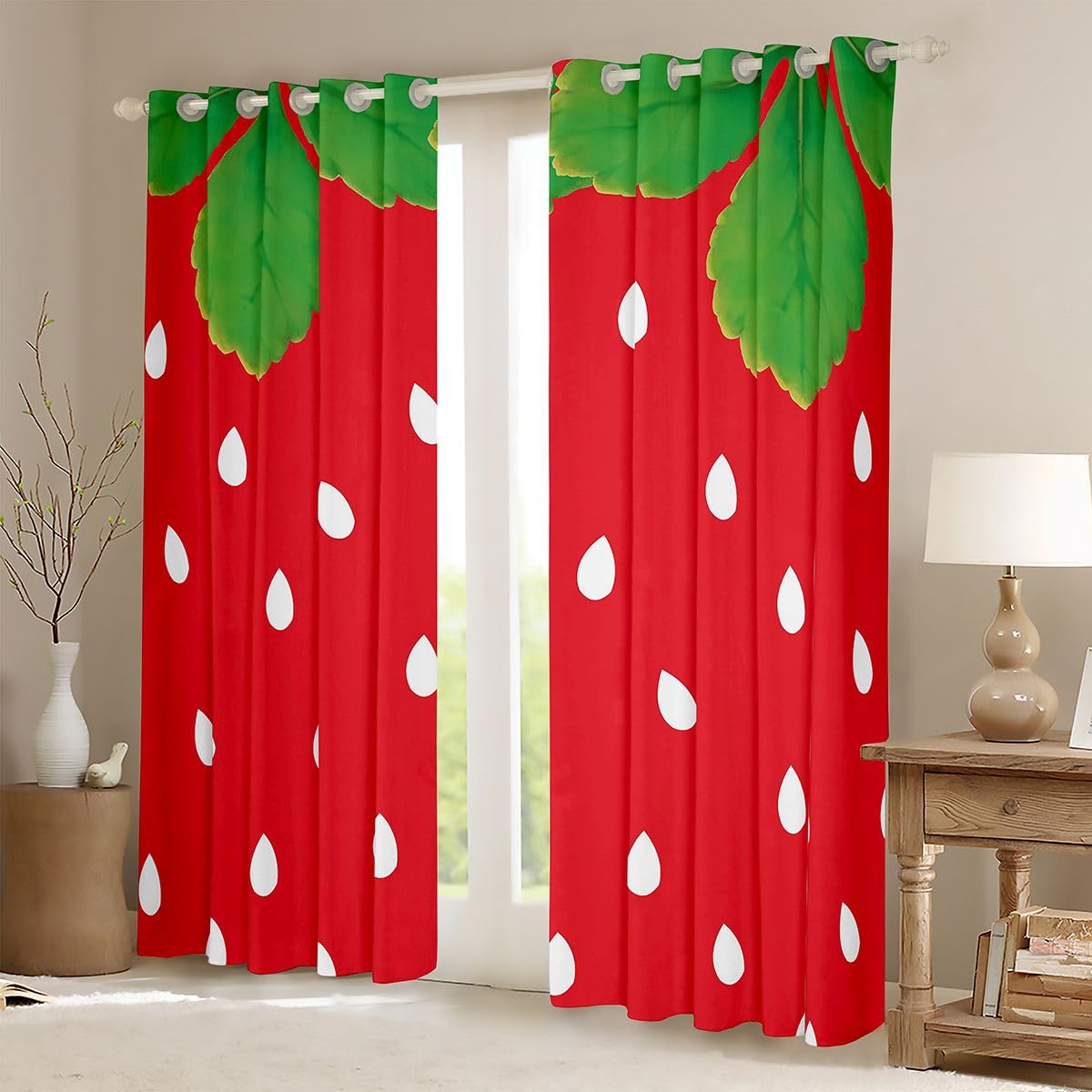 Homemissing Trattamenti per finestre con fragole carine, 2 pannelli L 132 x L 163 tende oscuranti con fragole rosse decorazioni per stanze verdi tende con frutta carine per camera da letto soggiorno