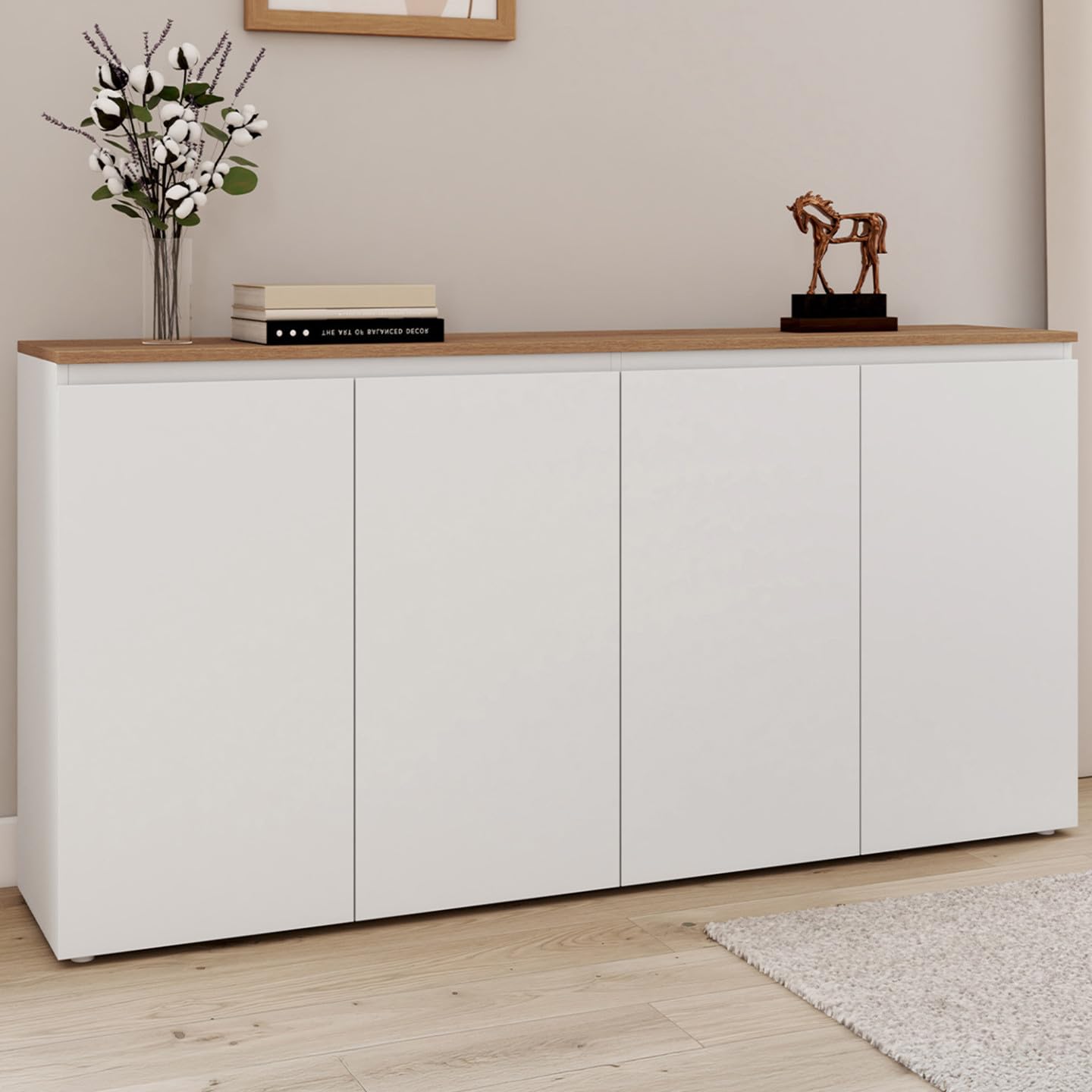 IDMarket - Aparador de 160 cm Toby 4 puertas blanco y bandeja madera