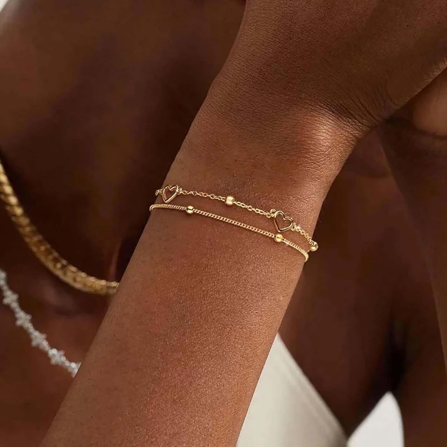Vintage Layered Heart Bracelet Small Round Beads Satellite Bracelet Gold Hollow Heart Love Hand Chain Adjustable Layered Beaded Chain Bracelets Anklet Wrist Jewelry for Women - Image 2