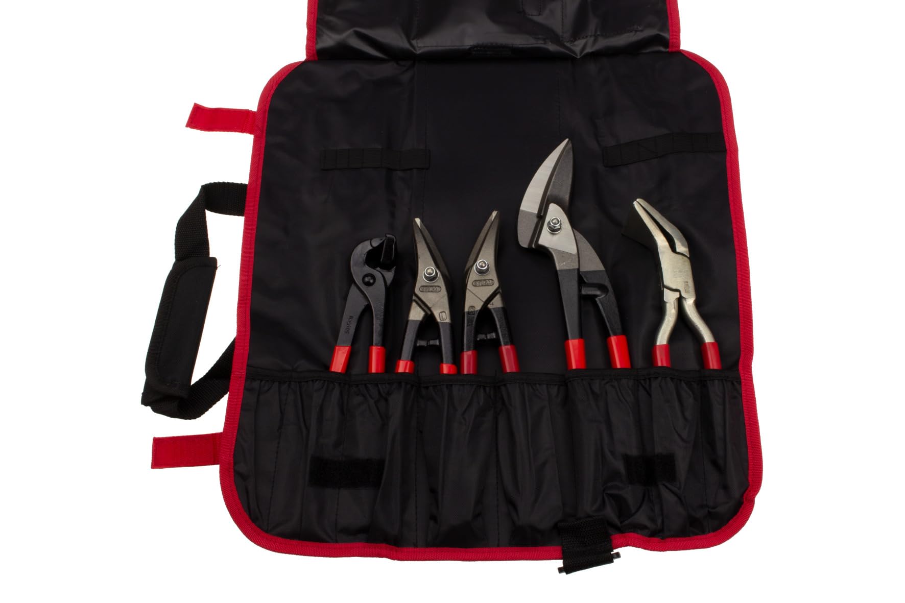 STUBAI Jeu d’outils de ferblantier 11 pcs en trousse à rouleau | cisailles à tôle G/D, pince à sertir 45°, gabarit de traçage, embouts & accessoires | qualité pro pour zingueurs & couvreurs