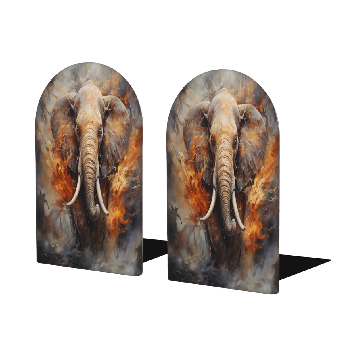 (2 PCS/1 Pairs) Wood Bookends Elephant Animal Fire Decorative Wood Bookends for Shelves Kids Room Desk Home Office Book Stoppers for Holiding Books 5x3 Inch