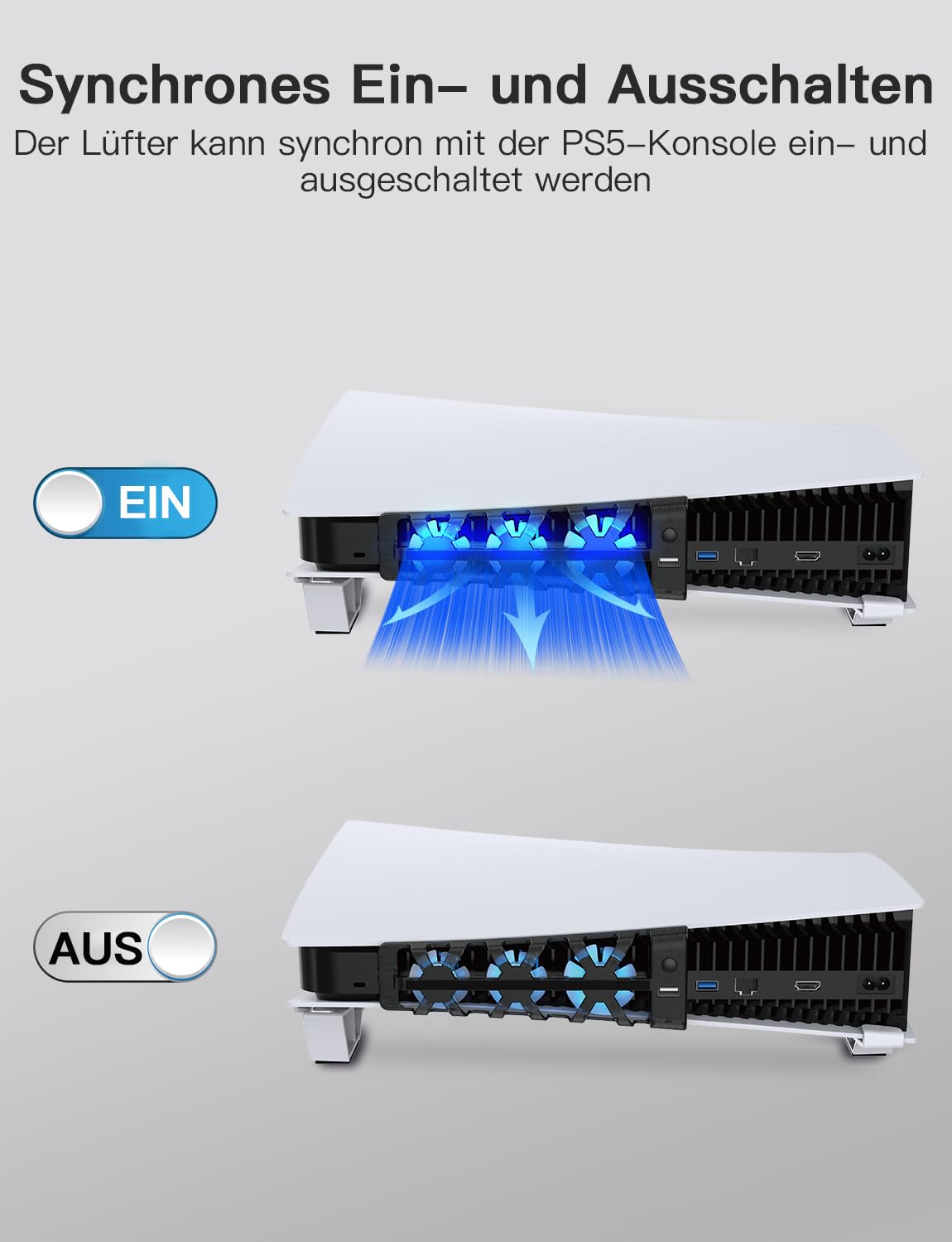 NexiGo PS5 Horizontaler Ständer mit Kühlventilator, [Auto EIN/Aus], [Minimalistisches Design], Kompatibel mit PlayStation 5 Disc & Digital Editions, Integriertes LED-Licht