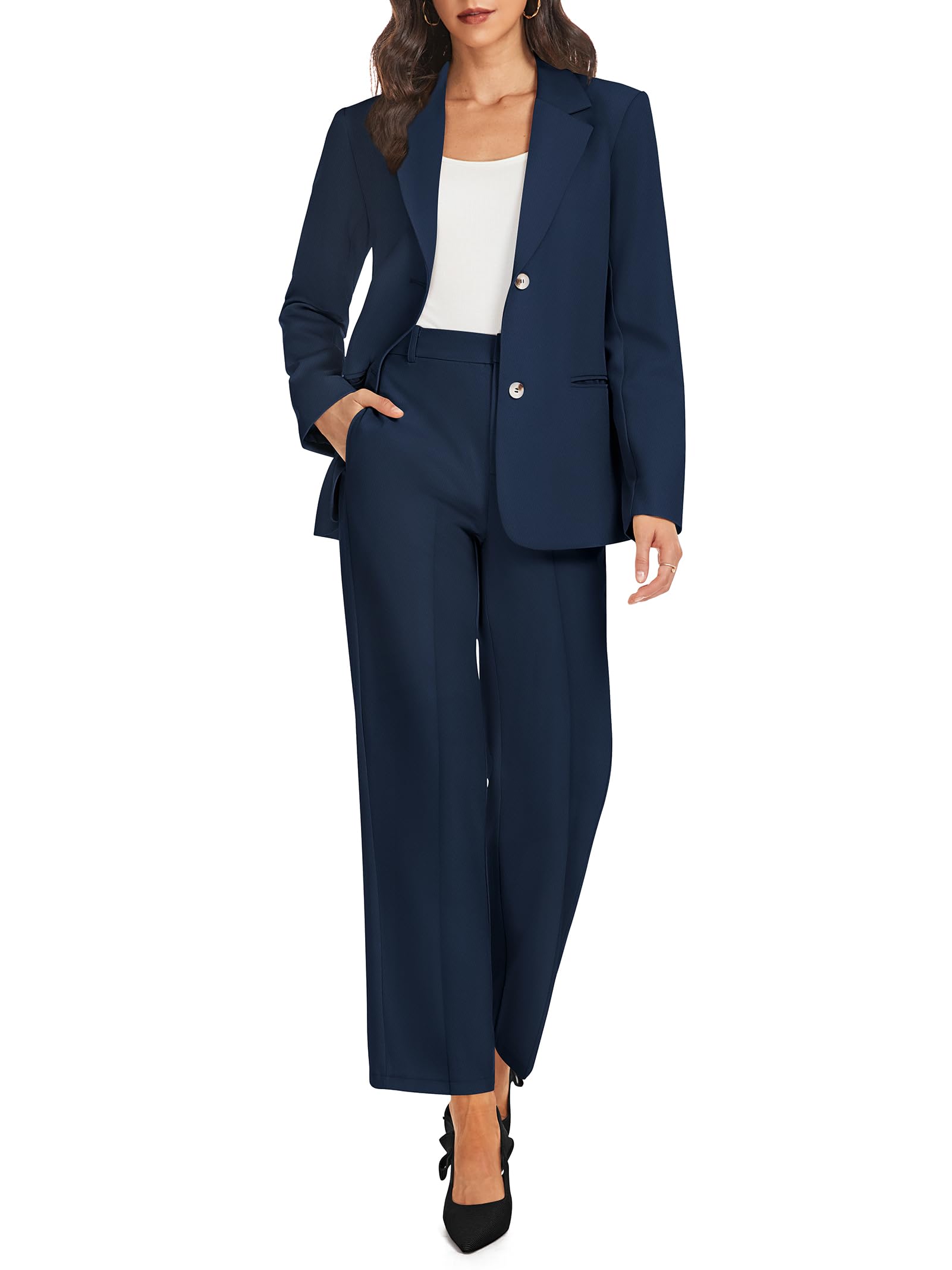 Casly Lamiit Womens 2 Piece Blazer Set Business Casual Outfits Dressy Long Sleeve Jacket Wide Leg Work Pants