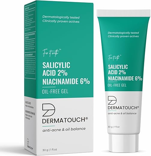 Dermatouch Salicylic Acid 2% Niacinamide 6% Anti-Acne Oil-Free Gel For Active Acne, Oil Balancing, Pore Tightening – 30G