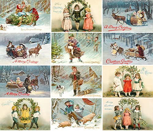 Image of PIXILUV WHITE CHRISTMAS (Pack of 12) Notecards Small Greeting Cards # Cold Wintery Christmas Scenes ~ Vintage Christmas Postcards Reprint