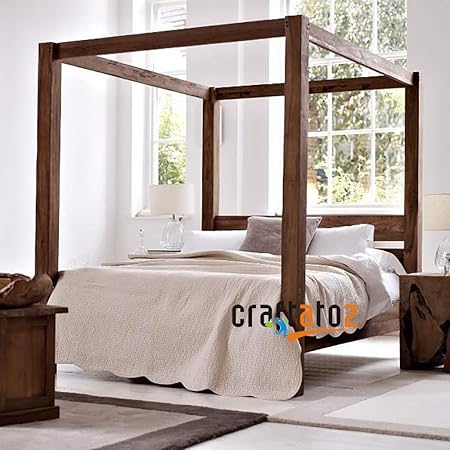 Craftatoz Teak Wood Canopy Queen Size Poster Bed For Home Bed For Bedroom Walnut Finish Amazon In Furniture Queen Size Four Poster Bed Frame