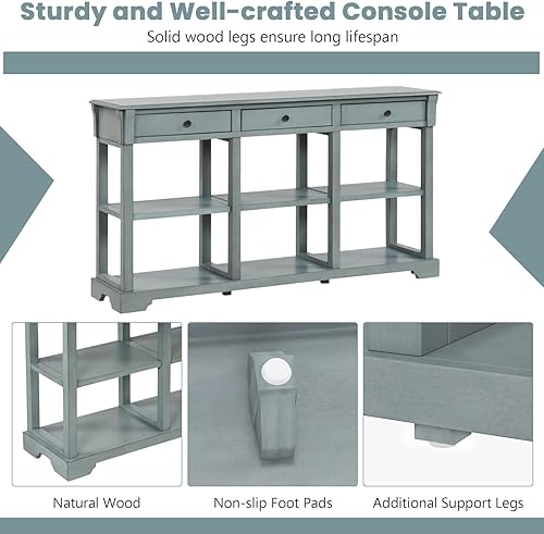 Miniatura 4 de Giantex Mesa consola con almacenamiento, mesa de sofá de 58 pulgadas de largo con 3 cajones y estantes abiertos, patas de madera maciza, mesa de