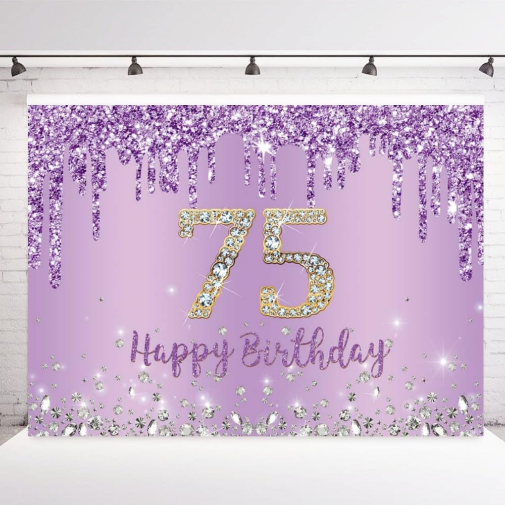 INRUI Purple Happy 75th Birthday Photography Background Girls Sweet 75th Years Old Birthday Party Decorations Backdrop 7x5FT