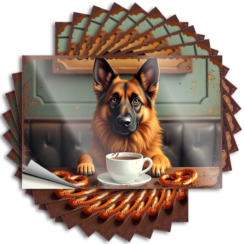 Entry Way Decoration, Saying Exterior Door German Shepherd Enjoying Coffee and Pretzels in Cozy Cafe | Motivational Waterproof Vinyl Stickers(12X18CM)