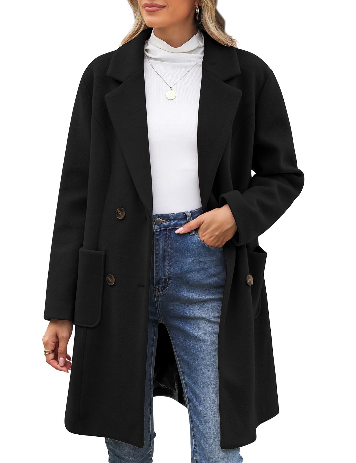 Womens Pea Coats Wool Blend Double Breasted Fall Winter Coats Notch Lapel Mid Long Trench Coat with Straight