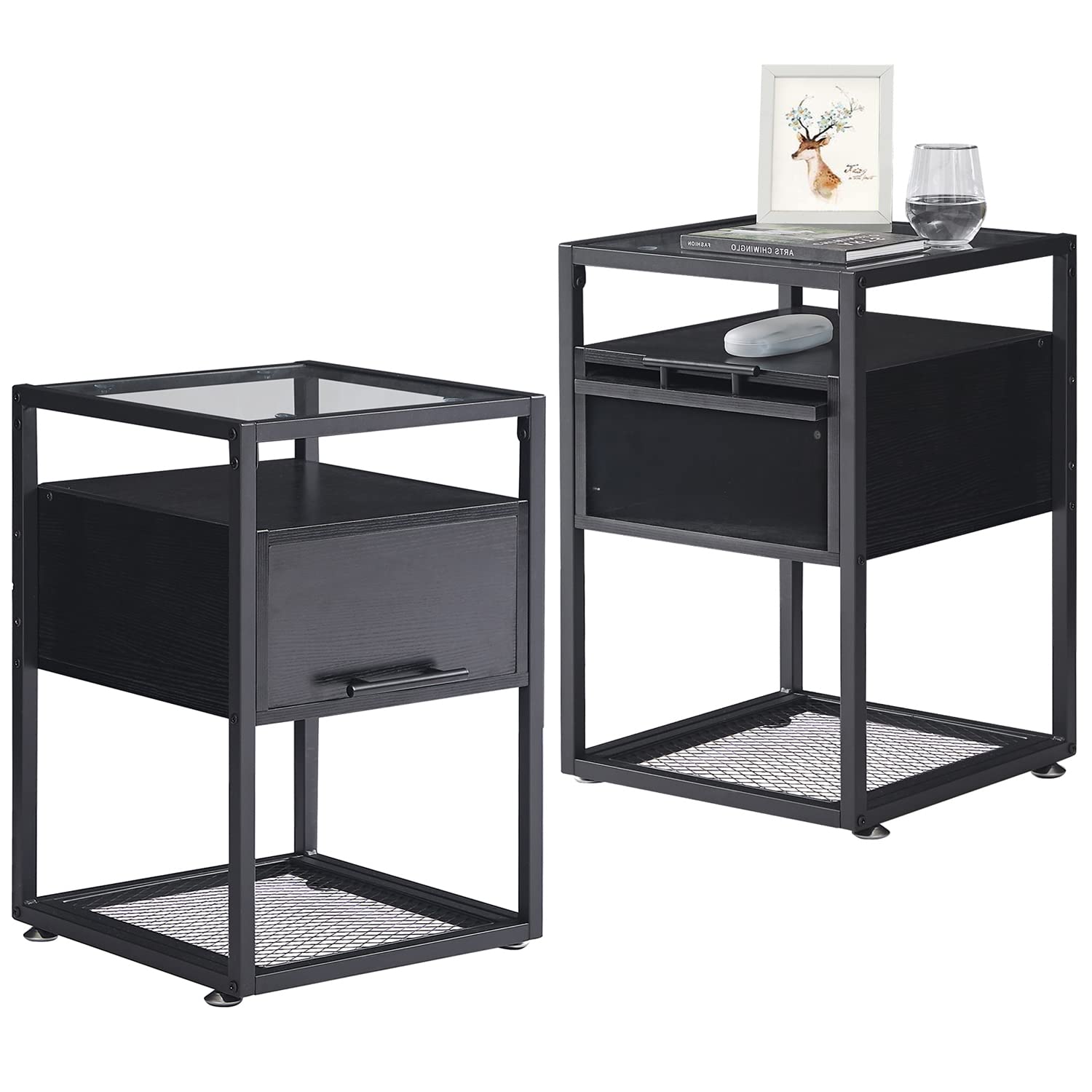 VECELO Glass Nightstand,End Tables with Flip Drawer,Open Storage Shelf and Stable Steel Frame, Night Stands for Bedroom, Living Room, 2 Set, Black