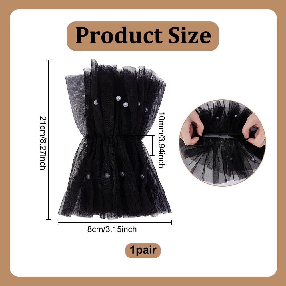 NBEADS 1 pair Short Lace Fingerless Gloves, 210x80x10mm Black Pearl Tulle Wedding Gloves for Women Hallowmas Party Costume Accessor - Image 2