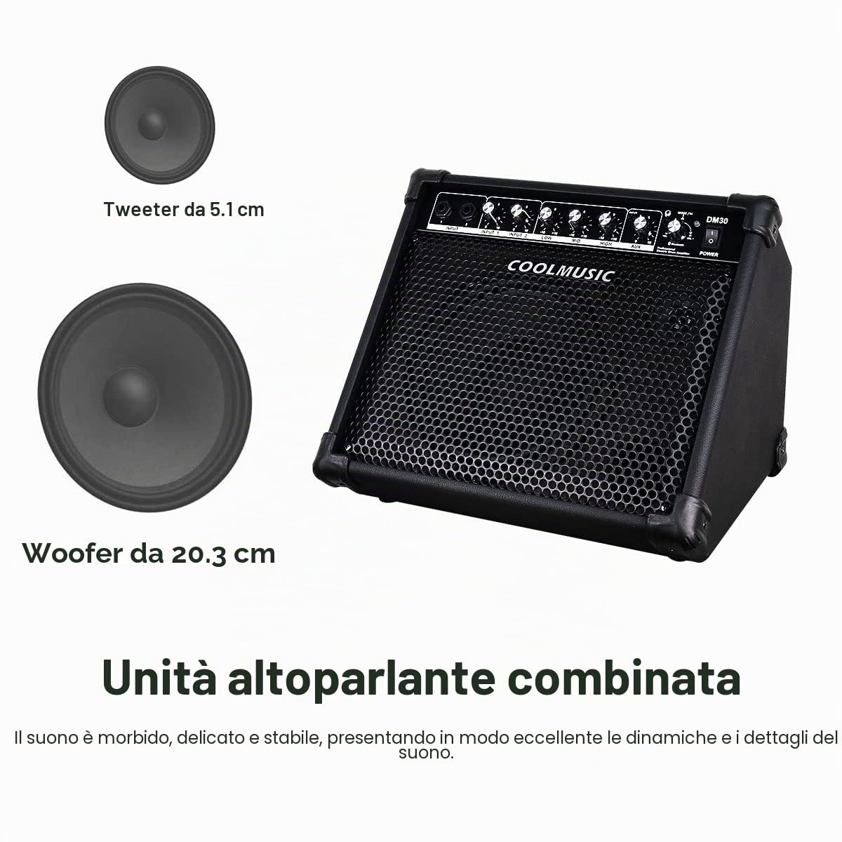 Coolmusic DM30 AMP 30 Watt Amplificatore per Batteria e Tastiera con Bluetooth e Aux
