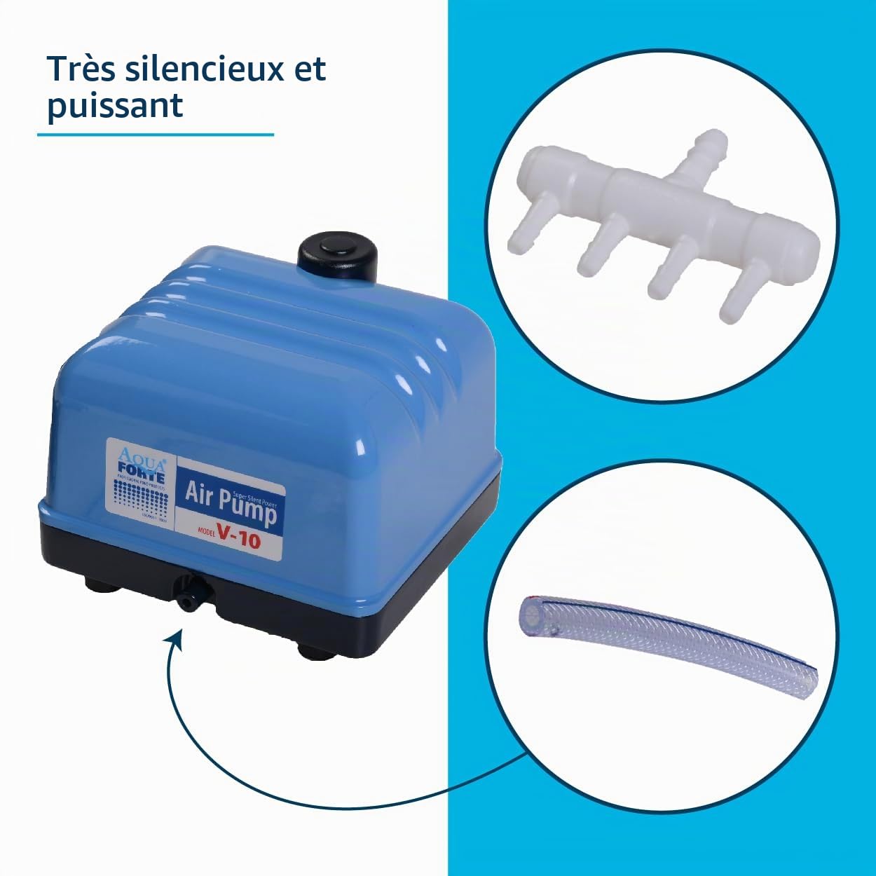 Pompe à Air Aquaforte Hi-Flow V-20, Boîtier en Aluminium, Silencieuse et Puissante, Puissance 15 Watts, Capacité à 2 mètres 3 Litres par minute, Capacité maximale Du Bassin 12 m3, Non Réglable