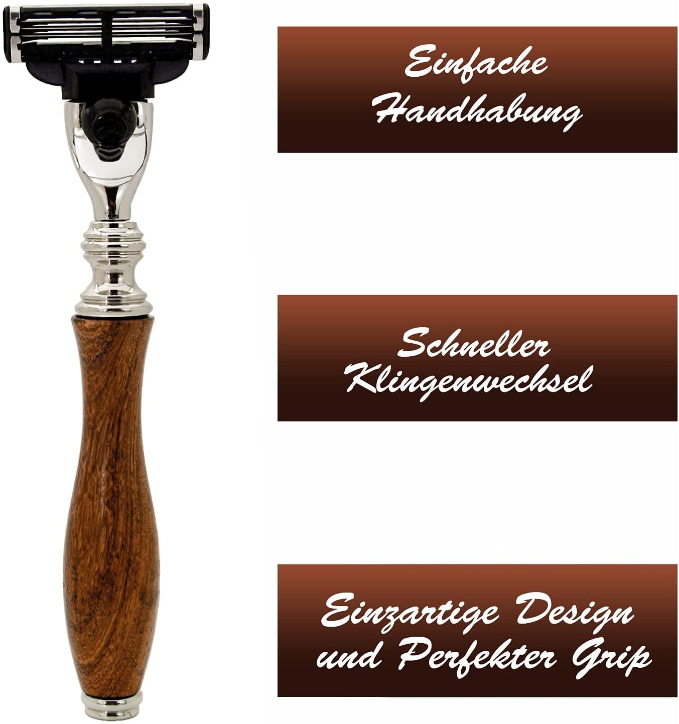 Jag Shaving Rasierset - Nachhaltige 4-teiliges Rasierset aus Holz - Super Dachshaar Rasierpinsel - 3 Rasierklingen Rasierhobel - Rasierständer - Ledertasche für Rasierhobel
