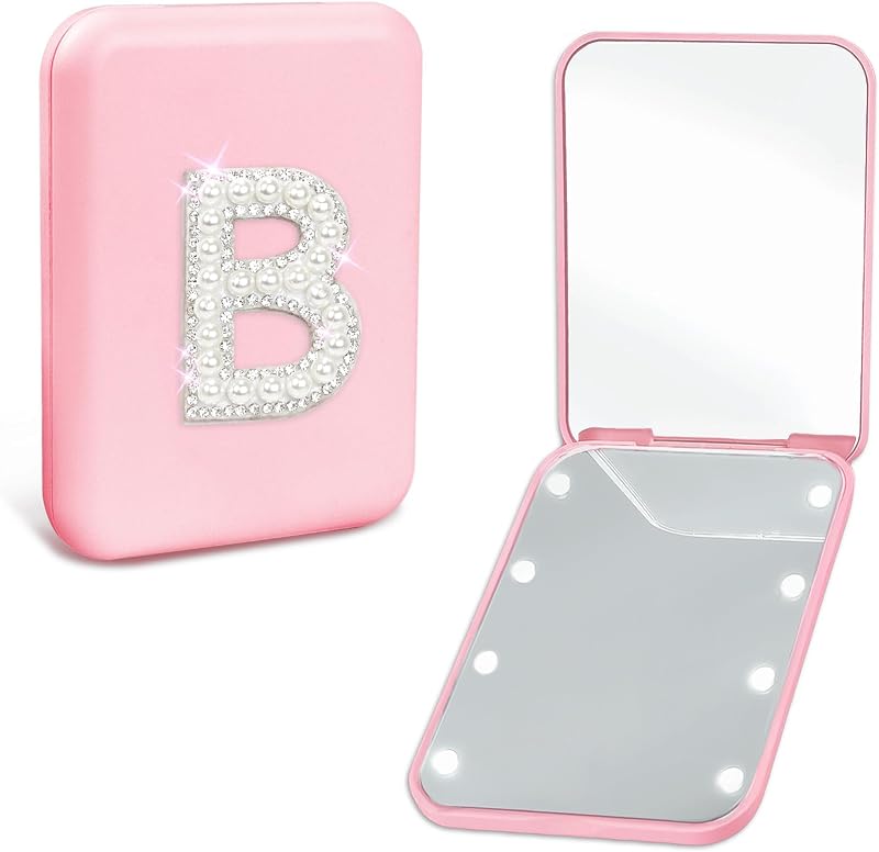Espelho compacto de maquiagem Aganmi com luzes, inicial Pearl B