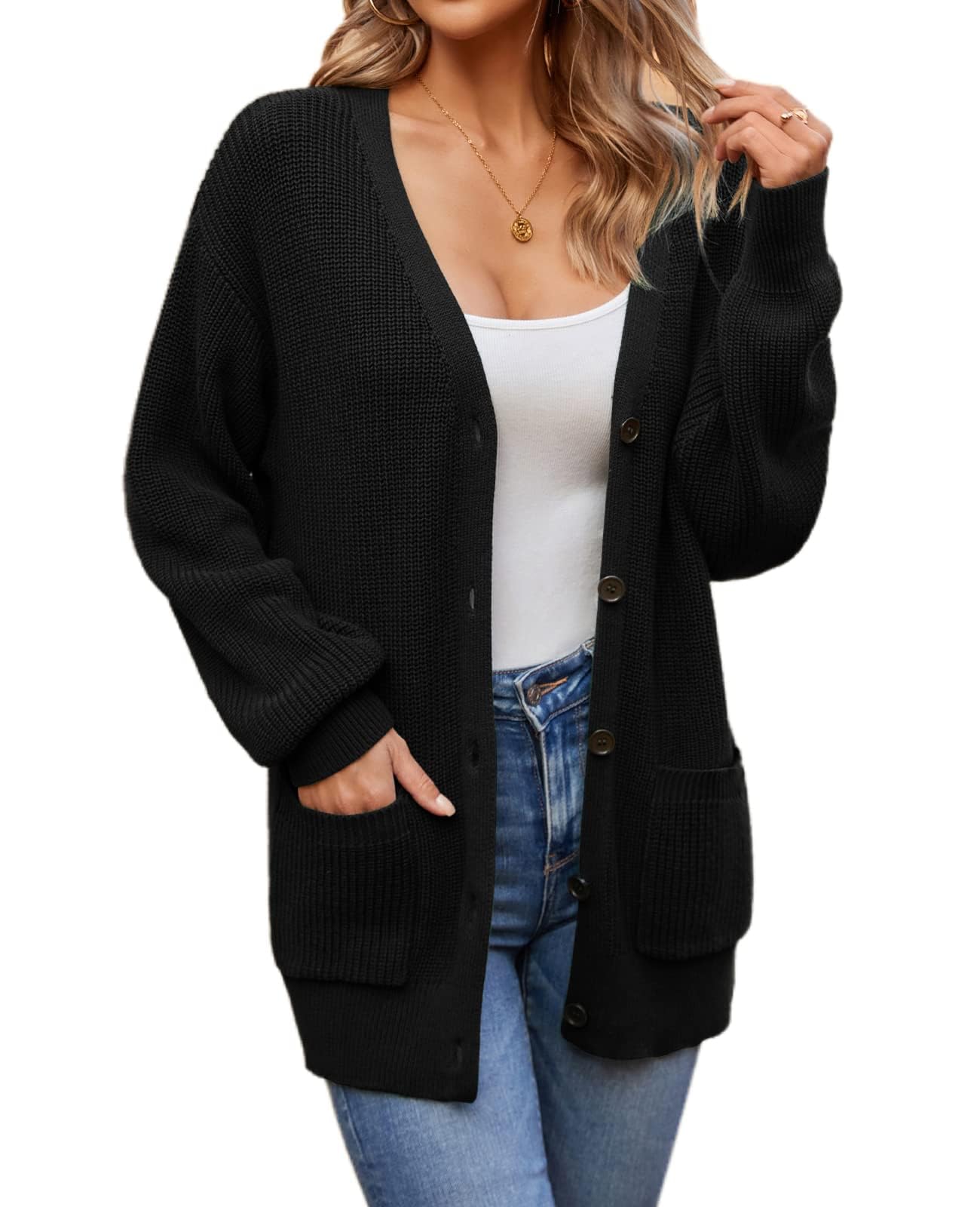 QUALFORT Womens 100 Cotton Cardigans for Women Lantern Sleeve Oversized Sweater with Pockets Womens Fall Cardigans 2025