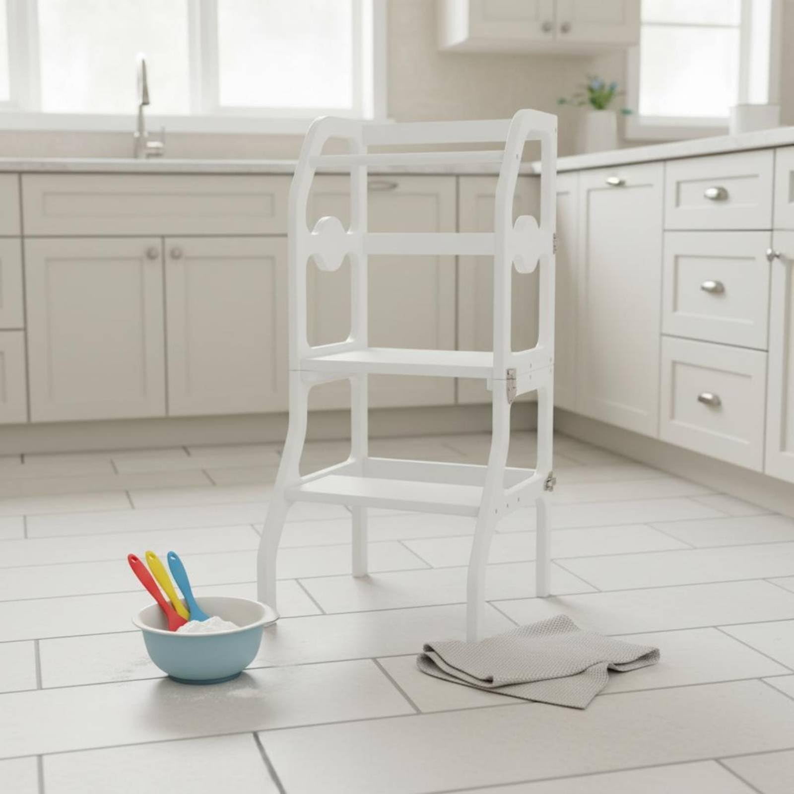 Kinder Lernturm Faltbarer Tritthocker Kinderstuhl Holz Lernhocker mit Klappfunktion Platzsparend Stabil für Alltägliche Aufgaben Am Waschbecken für Küche Badezimmer Heimgebrauch, Naturholz