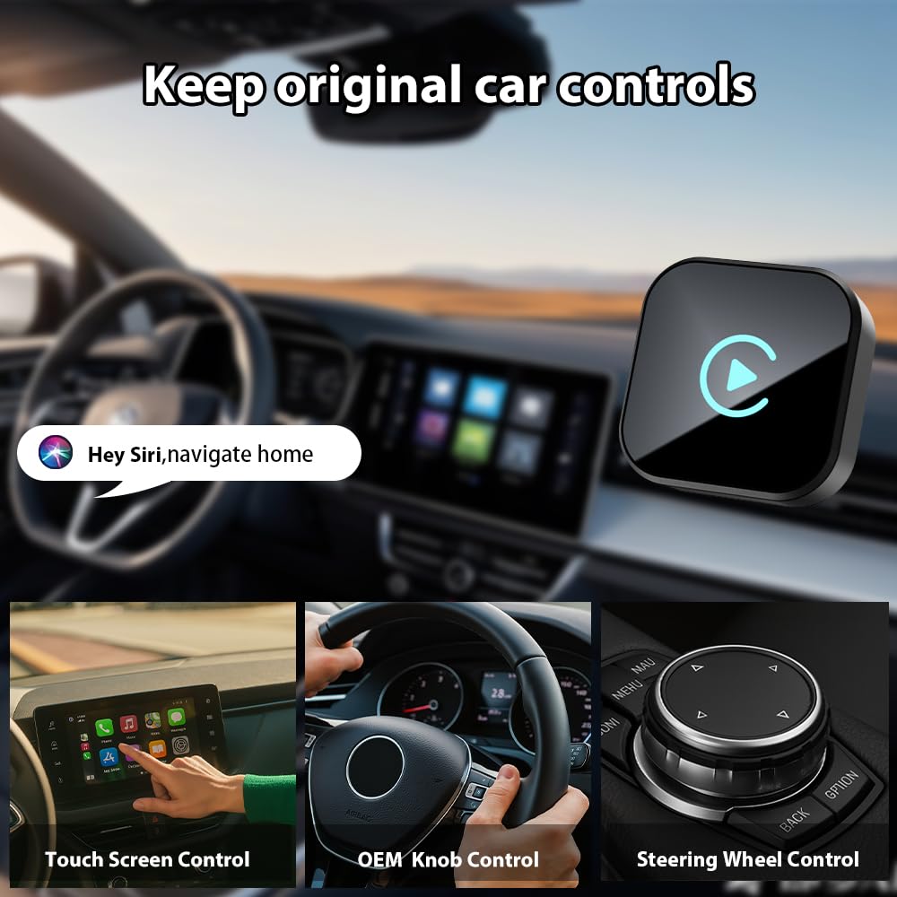 Sunweyer CarPlay wireless a forma di T e adattatore automatico Android: aggiornamento cablato a wireless, design compatto inferiore a 1 pollice per auto cablate di fabbrica, plug & play (T nero)