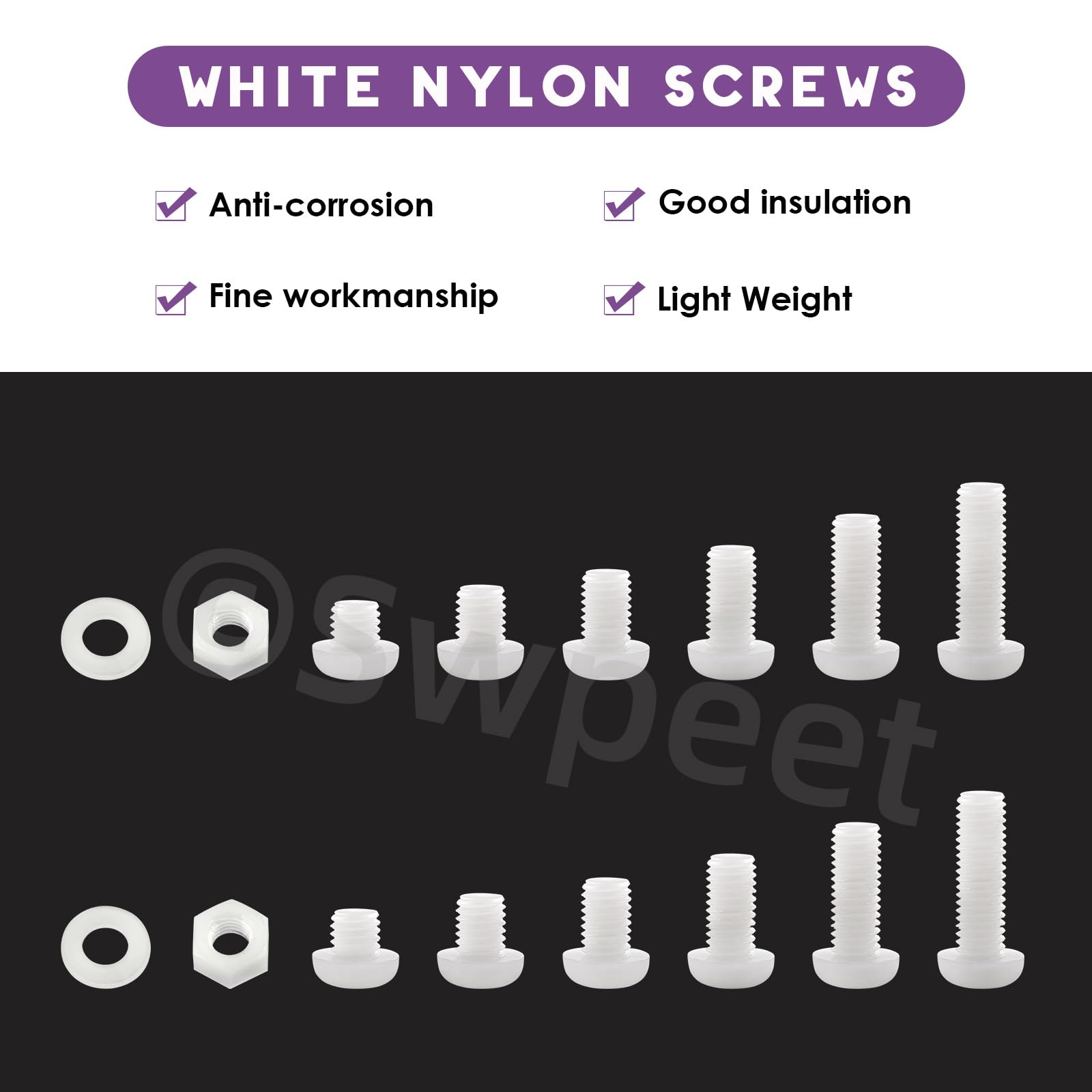 Swpeet 170Pcs 6 Sizes M8 White Nylon Pan Round Head Screws with Hex Nuts and Gaskets Assortment Kit - Image 3