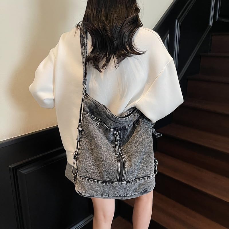 Women’s Denim Tote Bag, Large Capacity Vintage Colorblock Shoulder Crossbody Bag for Casual and Everyday Use3