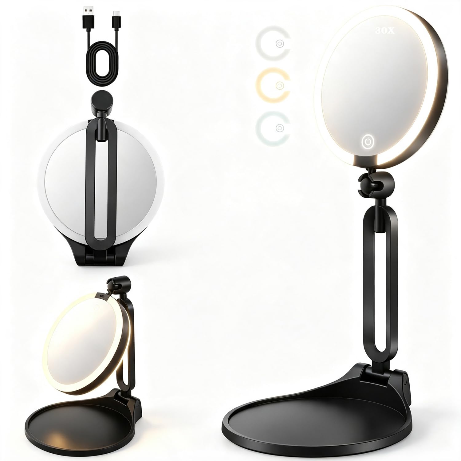 maycreate® 30x/1x magnifying mirror with light rechargeable makeup mirror | featuring 3 color modes dimming, 6 inch foldable double sided travel vanity frame, adjustable height for make up