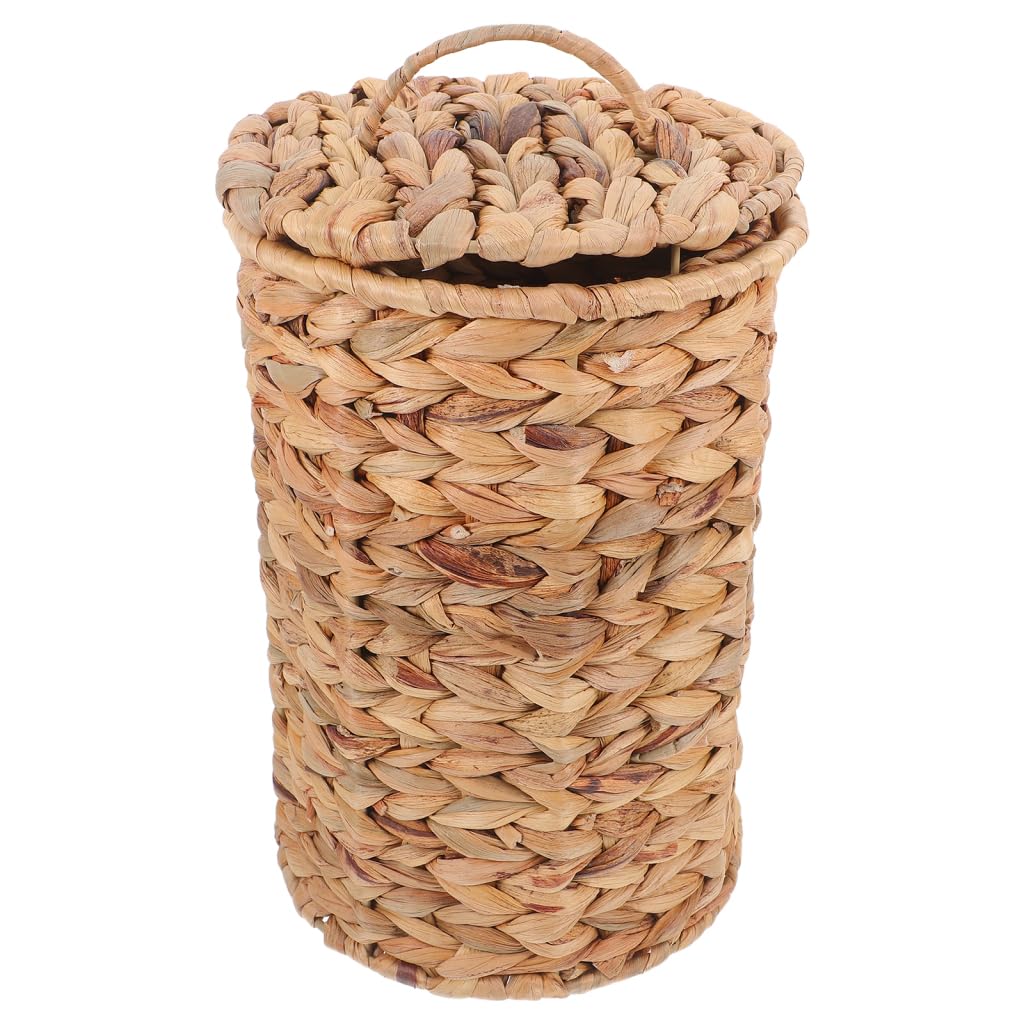 Cesto de Basura Tejido de Hierba Calabaza con Tapa, Estilo Rústico | Mimbre, Papelera de Escritorio, Uso en Salón, Diseño Decorativo y Artesanal