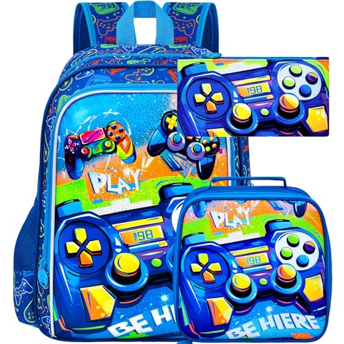 Image of 16 inch Gamer Backpack for Boy, 3Pcs Gaming Kids Bookbag for Elementary Preschool Kindergarten, School Backpacks with Lunch Box(Blue)