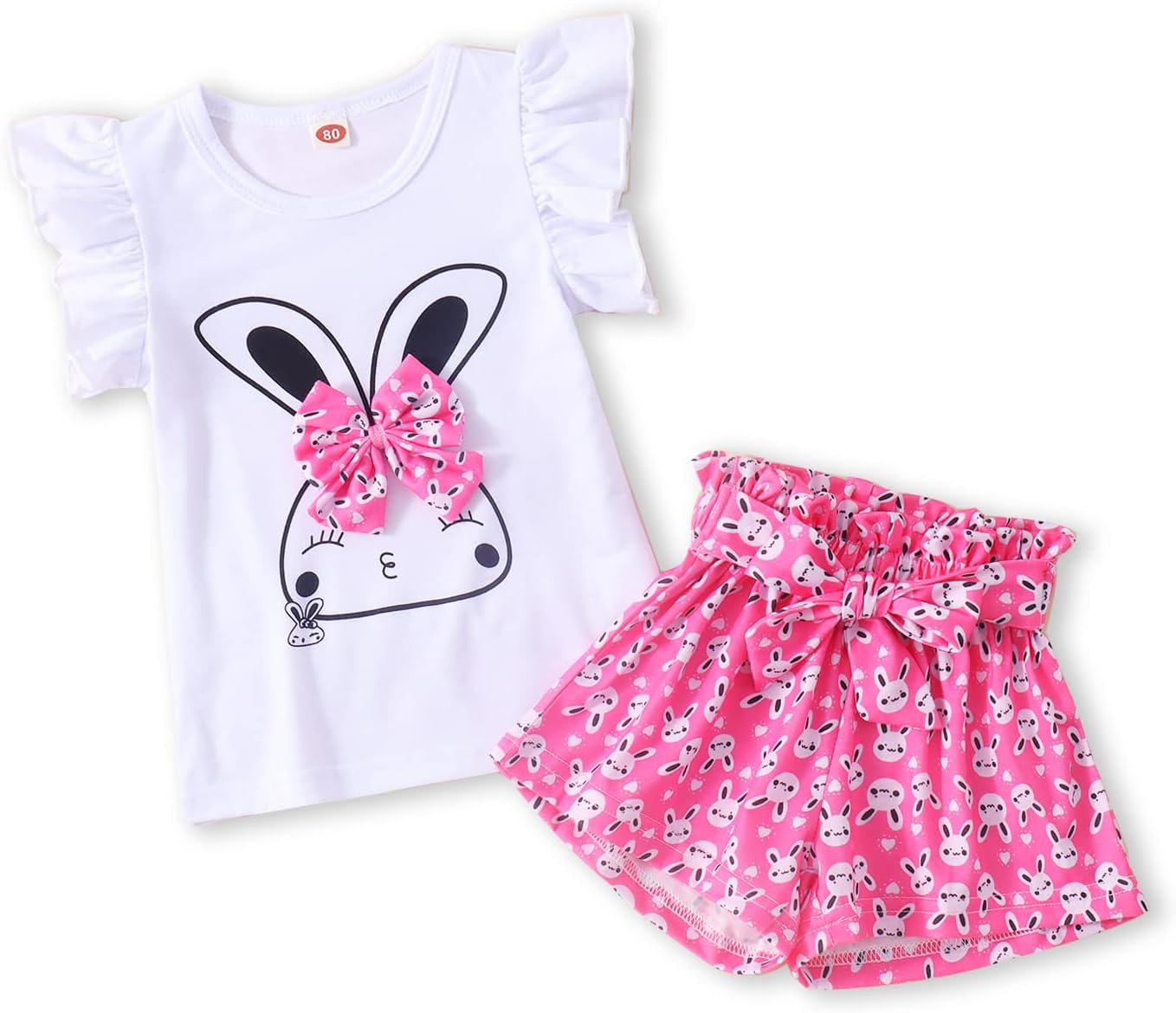 Toddler Baby Girl Easter Outfit Short Ruffle Sleeve Smile Rabbit with Bows Lovely Bunny Short Pants Clothes Set