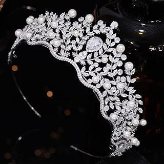 Aoligrace Cubic Zirconia Pearls Bride Crowns for Wedding Zircon Prom Party Tiaras Bridesmaid Girl Headwear Princess Headpiece