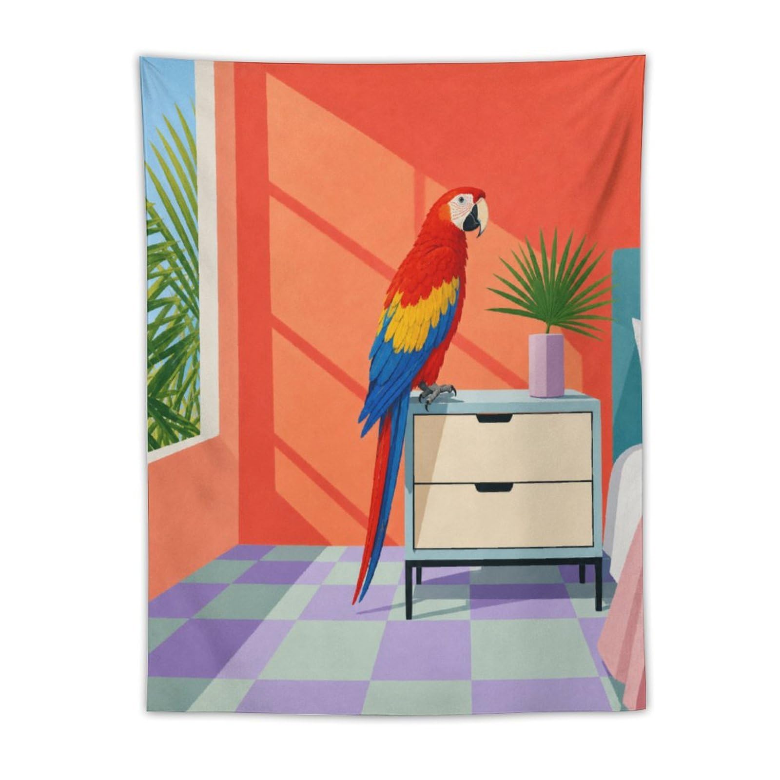 H3B8U2Y5 Parrot in Bright Room Wall Tapestry, Geometric Art, College Dorm