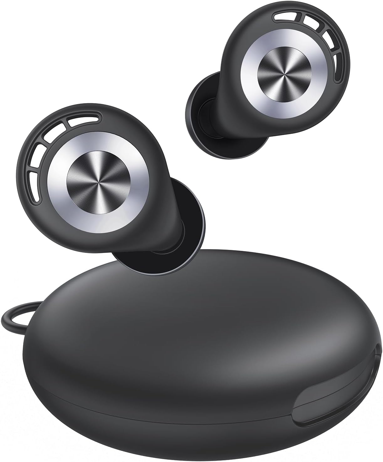 A pair of black earplugs with a case