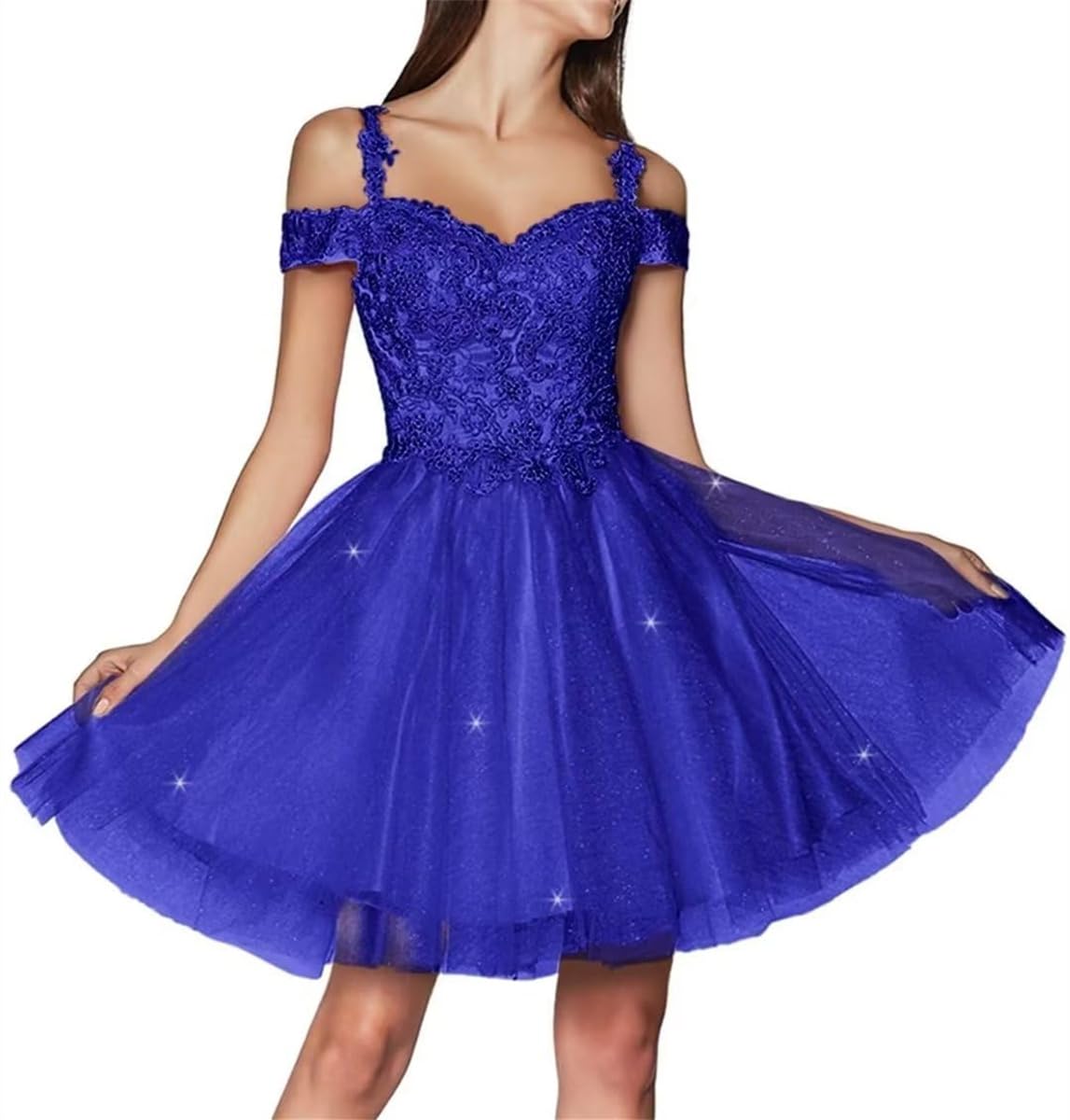 KURFACE Royal Blue Homecoming Dresses for Teens Lace Applique Tulle Juniors Ball Gown Glitter Tulle A Line Short Prom Dress UK8