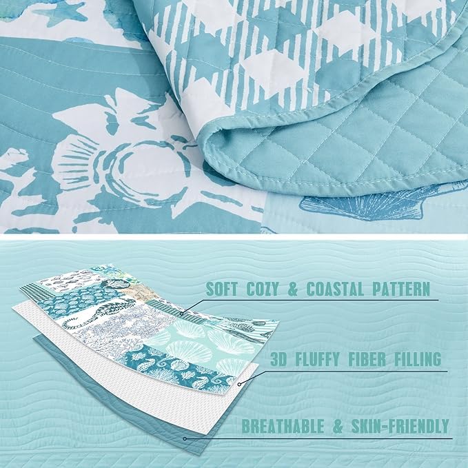 Image of HZ & HY Coastal Oversized King Bedspread, Reversible Beach Pattern Quilt Set King /Cal King, Lightweight Coverlet, Scalloped Edge - Nautical Coastal Look, 6 Piece, Seahorse