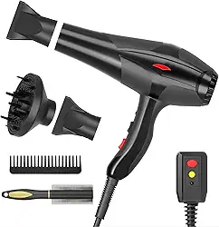 Secador de cabelo profissional iônico para salão de beleza, secador de cabelo 2400 W, potente, secagem rápida, luz azul, iônico, com difusor, motor CA, temperatura constante, secadores de íons
