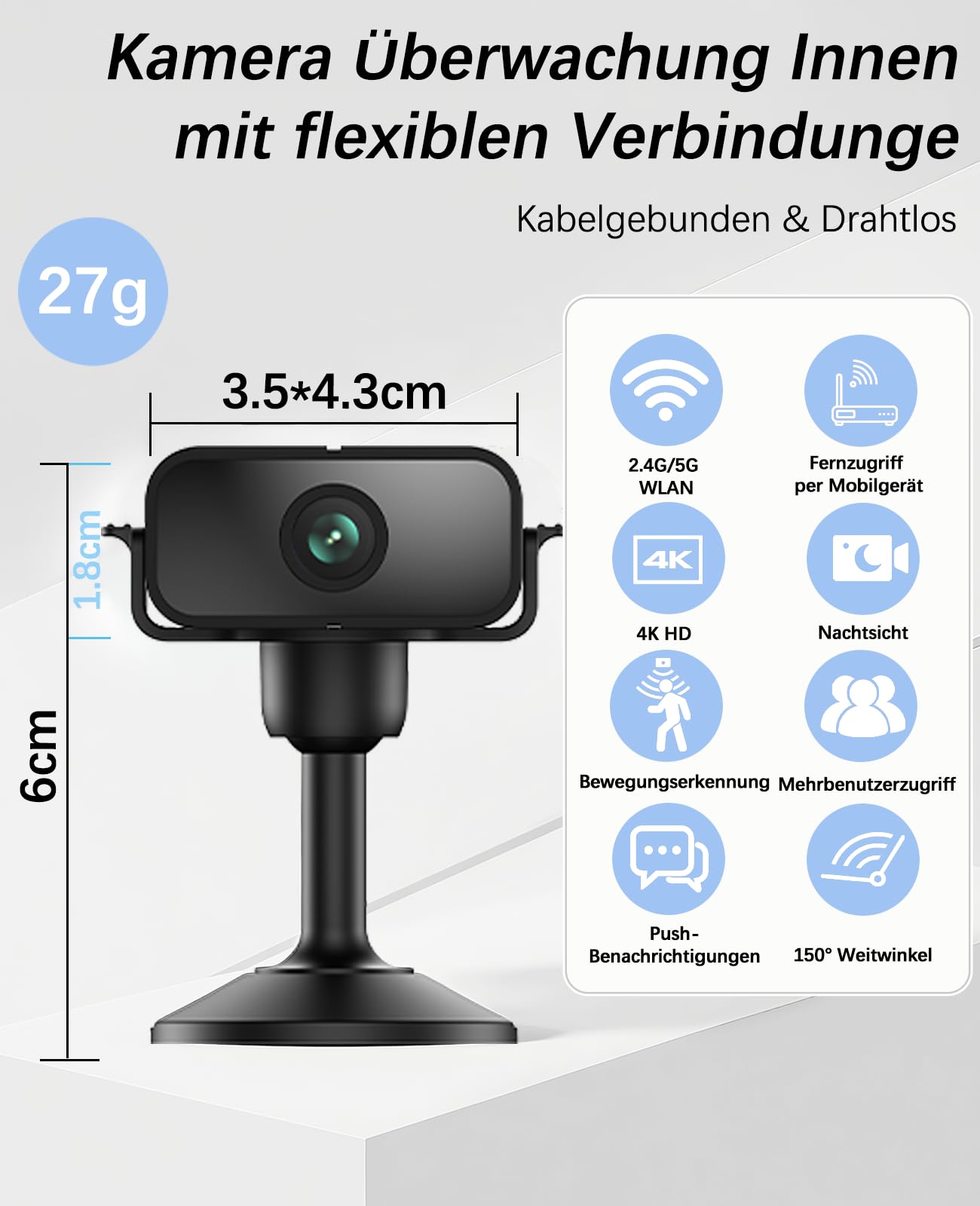 Mini caméra, caméra de surveillance 4K d'intérieur en direct, Wi-Fi 2,4/5G