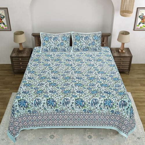 Image of Living Roots Jaipuri Hand Block Print Double Cotton Bedsheet & 2 Pillow Covers, for Mattress Upto 8 inches Thick, No Colour Bleeding, Blue Colour, Super King Size 96 * 104 inches, 150TC (580-C)