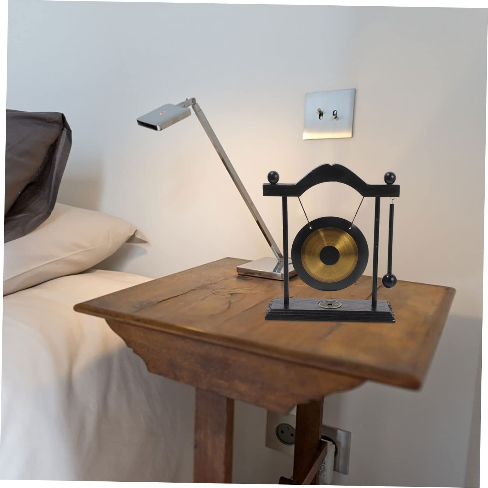 COSMEVIVI Vintage Gong Set Wooden Stand Chinese Gong Bell for Desktop Home Decor