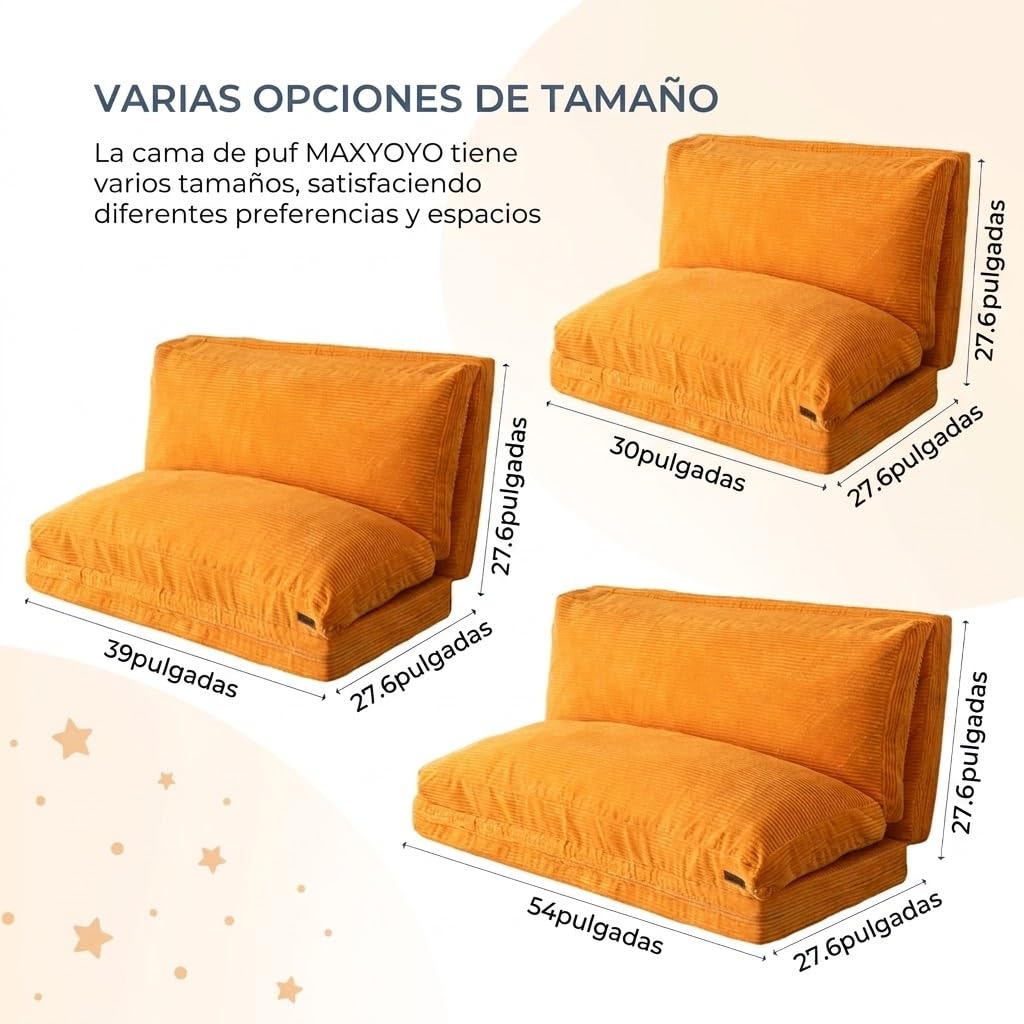 MAXYOYO Puf plegable de pana con relleno de espuma extragrueso de 4 pliegues para adultos, incluye funda extraíble y lavable a máquina para sala de estar, naranja, 75 x 240 cm