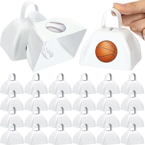 Joyfolk 24pcs Small Cowbell for Sporting Events 3 Inch White Metal Cowbells with Portable Handles Small Loud Noise Makers Bulk for Cheering Football Games School Spirit Wedding