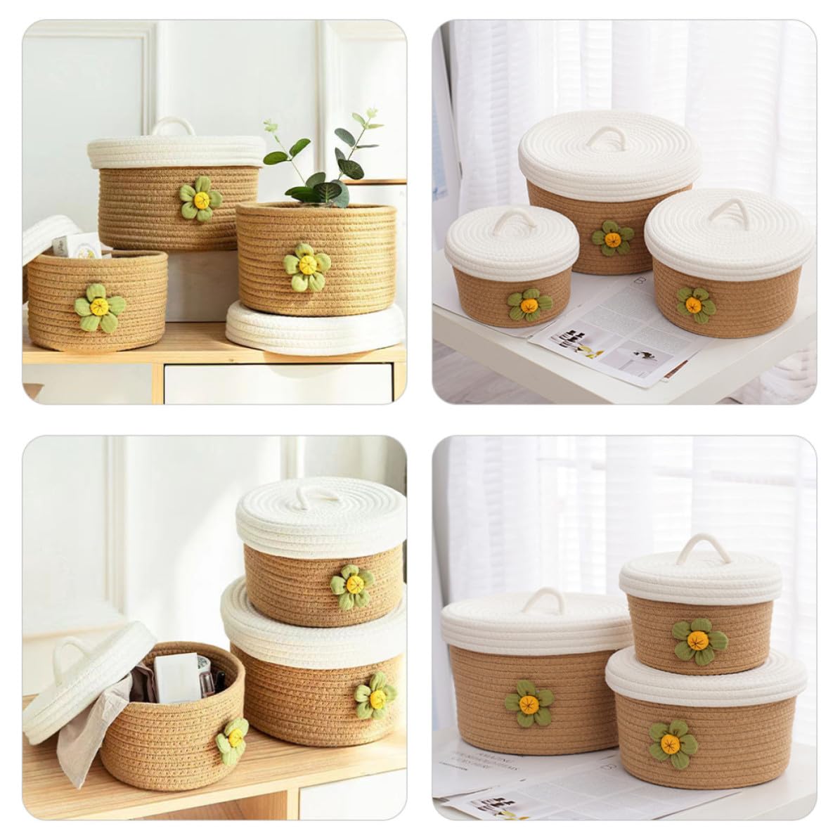 3 Cestas de Almacenamiento Prácticas y Elegantes Tapa de Cuerda de Algodón Tejida para Organizar Snacks y Juguetes Habitación