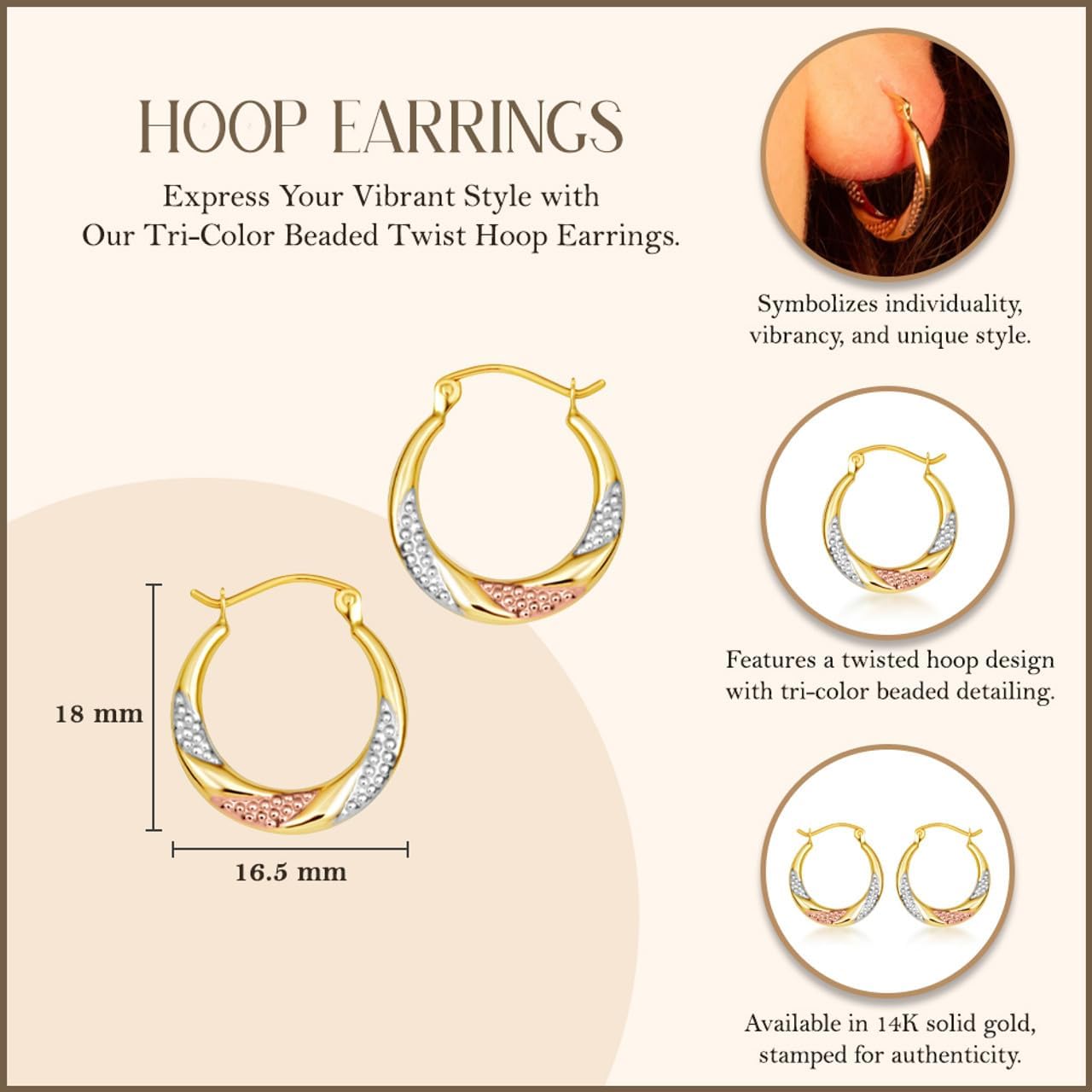 Gold Sparkle-Cut Beaded Twisted Hoop Earrings for Women | 10K or 14K Three-Tone Gold