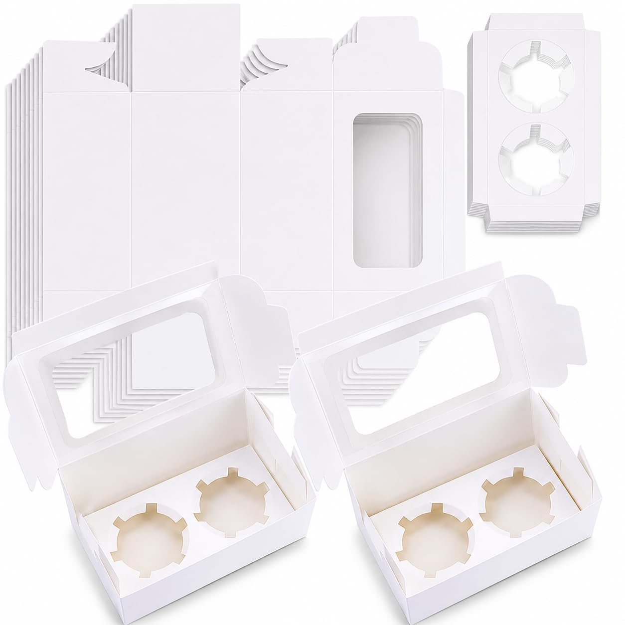 Pralb Paquete de 50 cajas de papel blanco para cupcakes con ventana de PVC y dos soportes para golosinas, caja de repostería y galletas, recipientes para cupcakes, caja de pasteles de panadería, caja