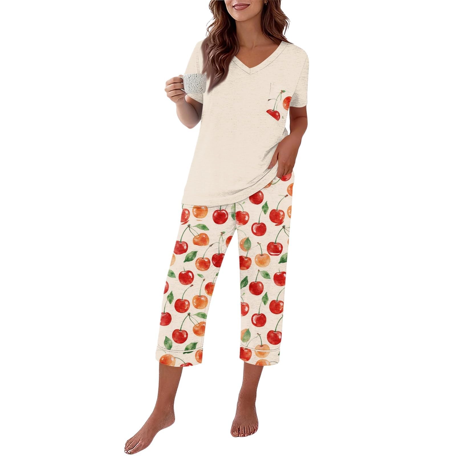 Generisch Schlafanzug Damen 3/4 Hose Set mit Taschen Sommer Baumwolle Klassisch Modischer Blumendruck Nachtwäsche Zweiteiliger Hausanzug Leicht Schlafhemd Freizeitanzug