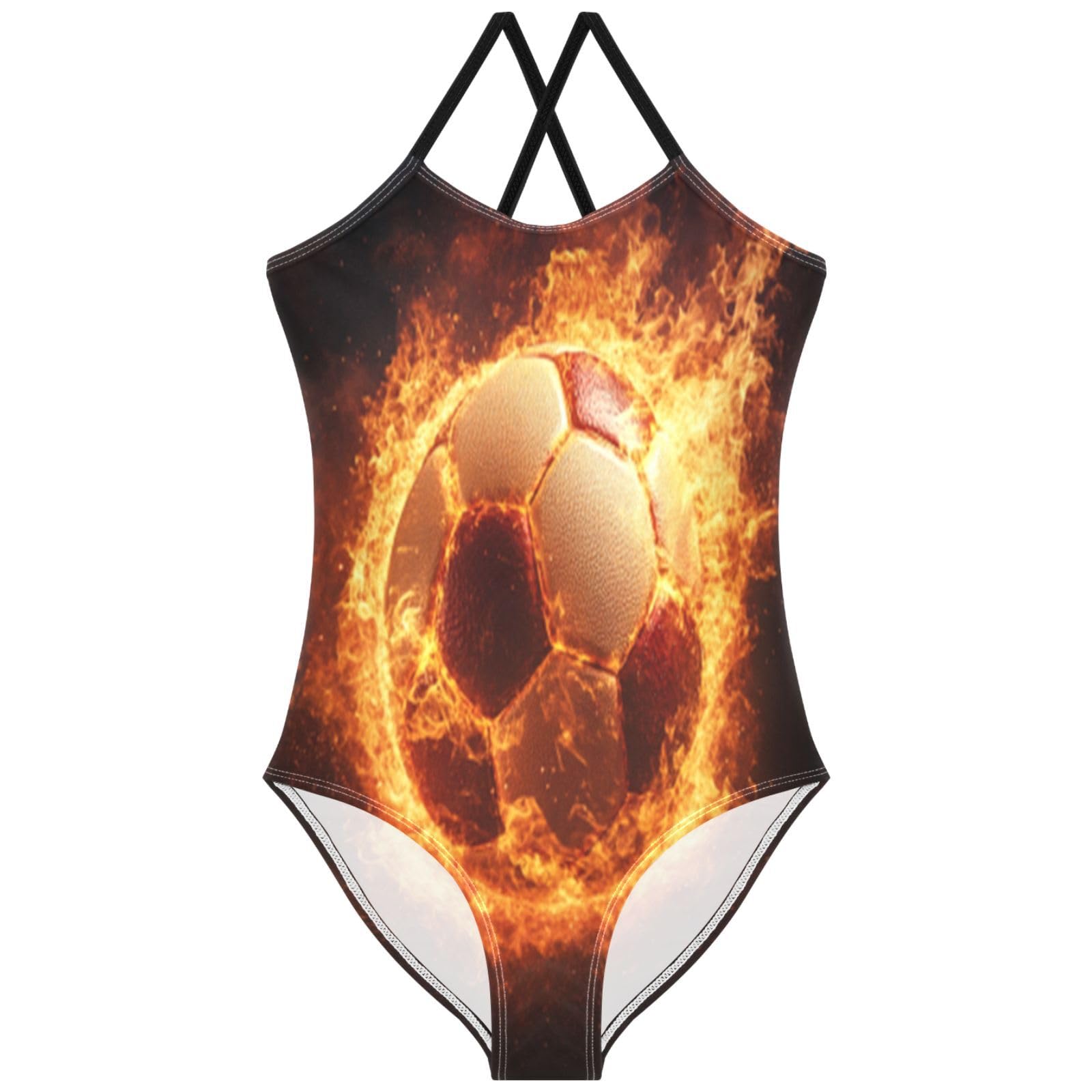 Pigsaly Girls One Piece Swimsuits Red Fire Soccer Ball Football Kids Cross Back Swimwear Beach Sport Bathing Suit 7T-8T