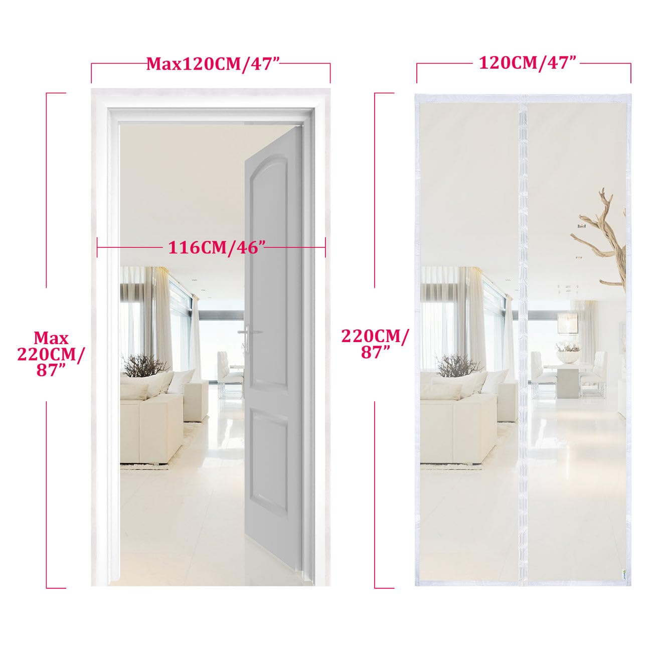 Apalus Prime Zanzariera con Magneti per Porte, 120x220 CM - Rete Fine, Tenda Totalmente Magnetica, si Chiude da Sola - Non Accorciabile (Prime Bianco)